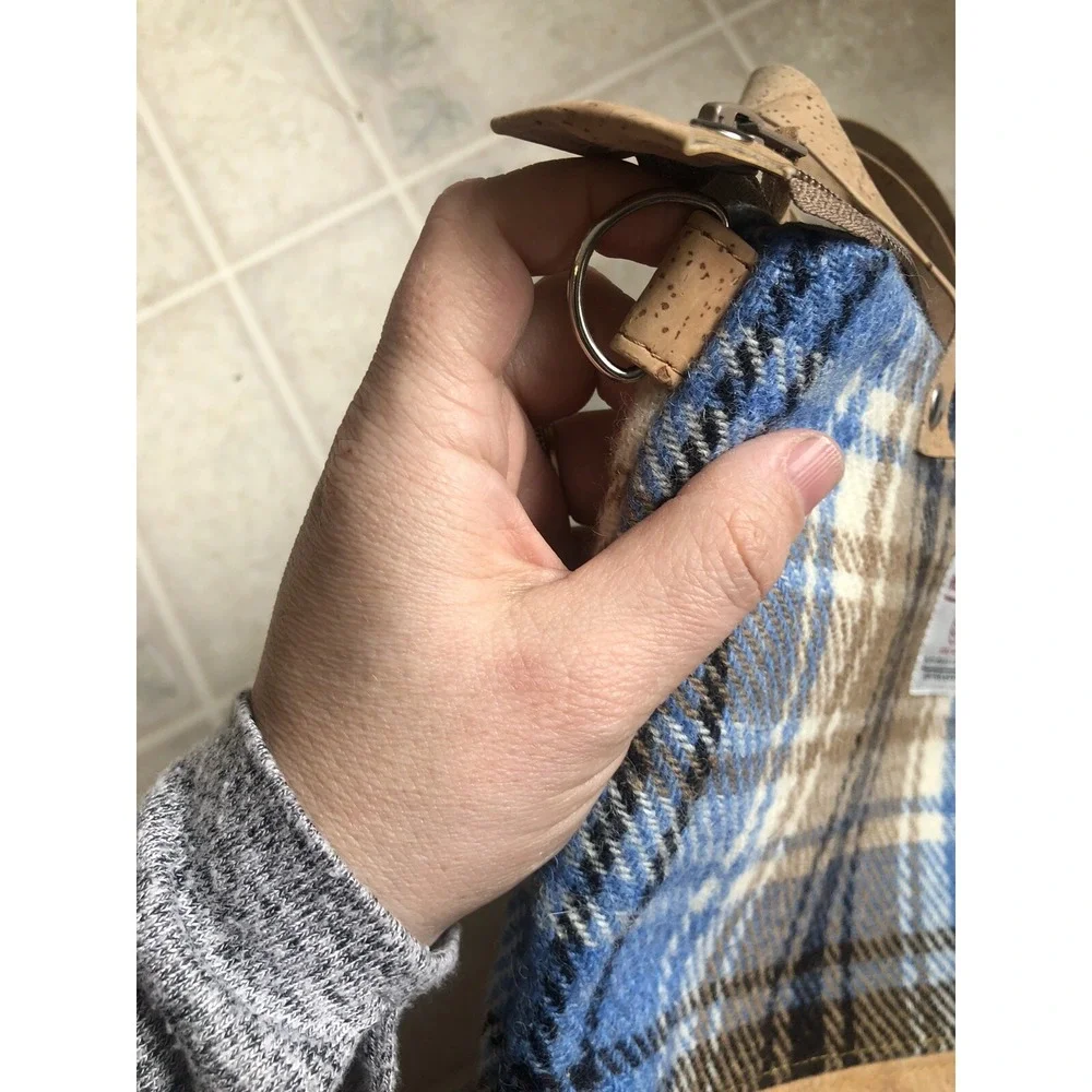 Harris Tweed 100% Pure Wool Scotland Blue Tan‎ Plaid  Wool Handbag Zip Closure